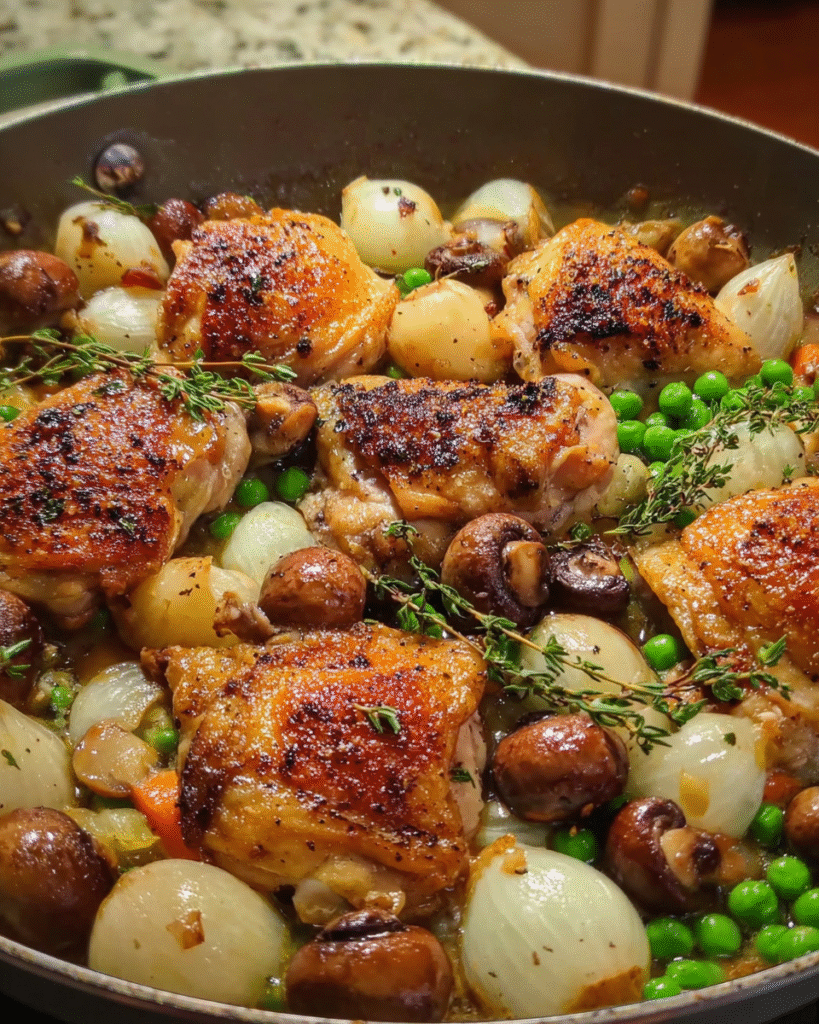 One-pan honey mustard chicken thighs with mushrooms and peas