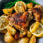 One-pan lemon chicken with roasted potatoes in baking dish