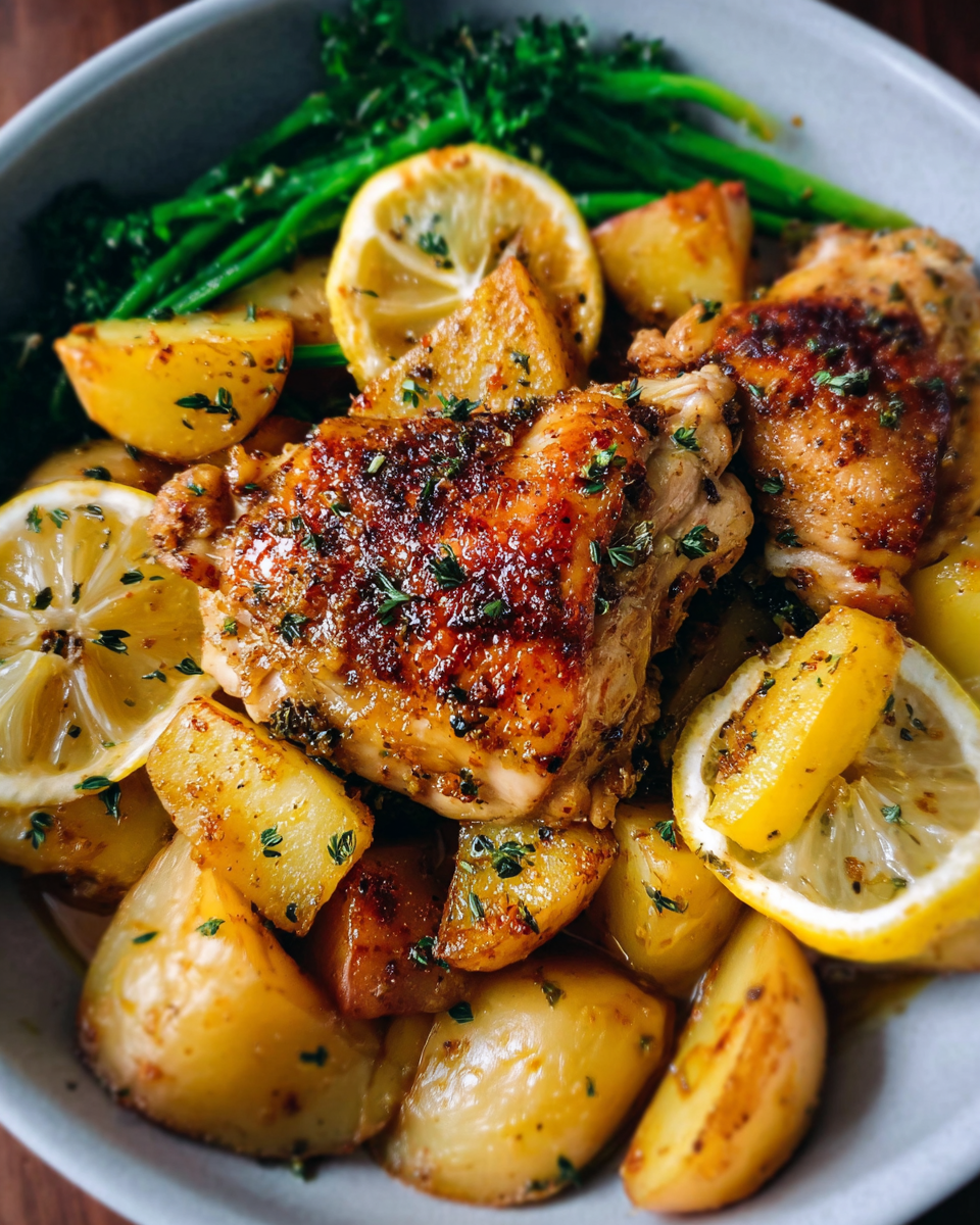 One-pan lemon chicken with roasted potatoes in baking dish