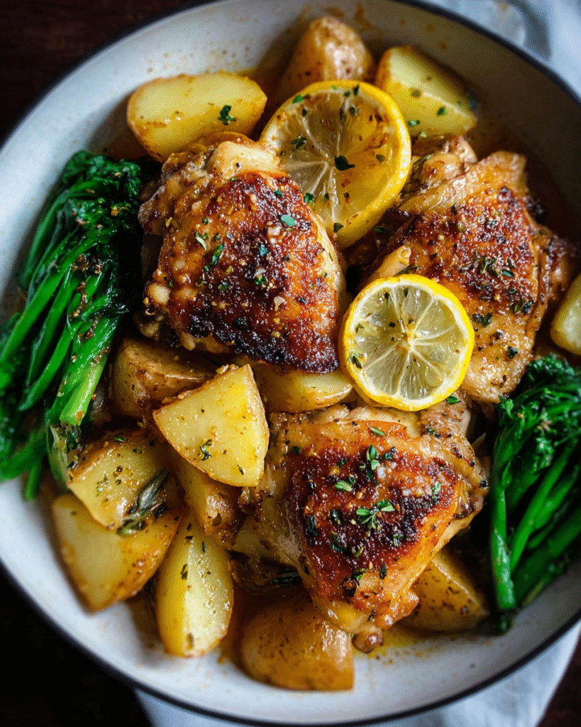 One-pan lemon chicken with roasted potatoes in baking dish