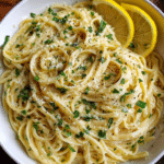 One-pan lemon garlic pasta served in a skillet