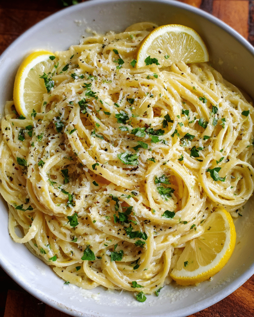 One-pan lemon garlic pasta served in a skillet