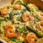 One pan lemon shrimp with orzo and asparagus
