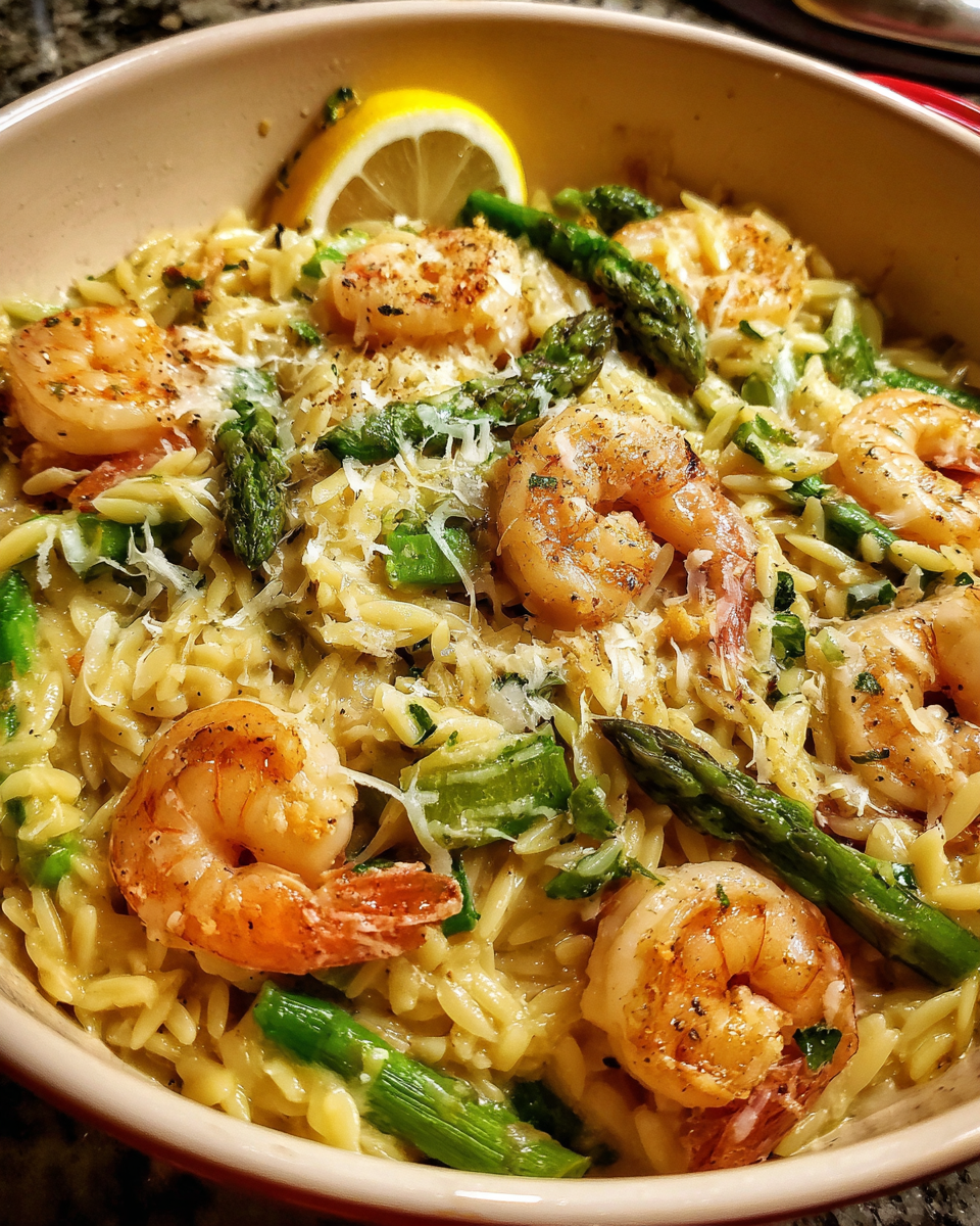One pan lemon shrimp with orzo and asparagus