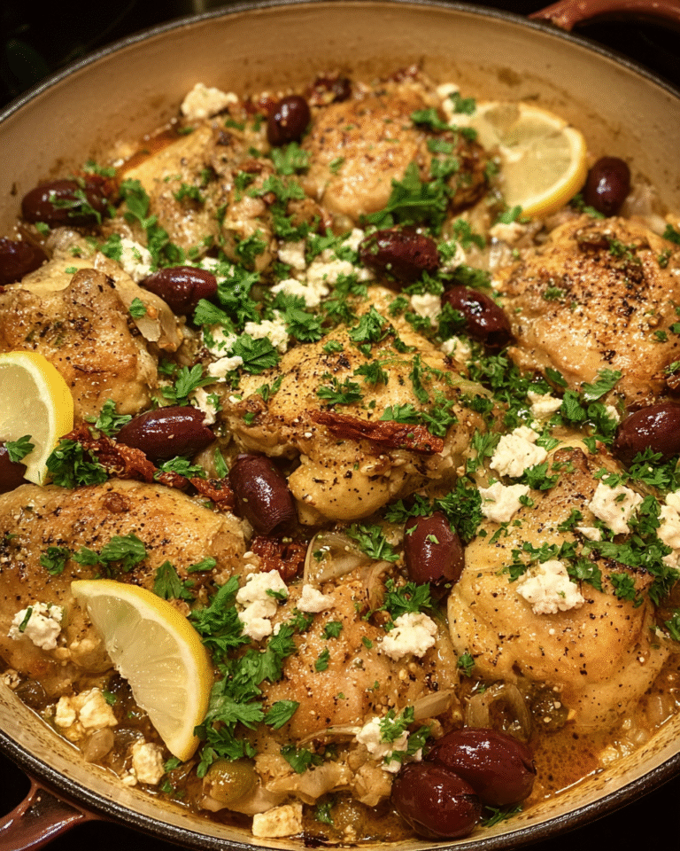 One-pan Mediterranean chicken with olives in skillet