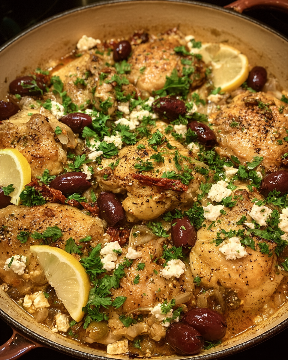 One-pan Mediterranean chicken with olives in skillet