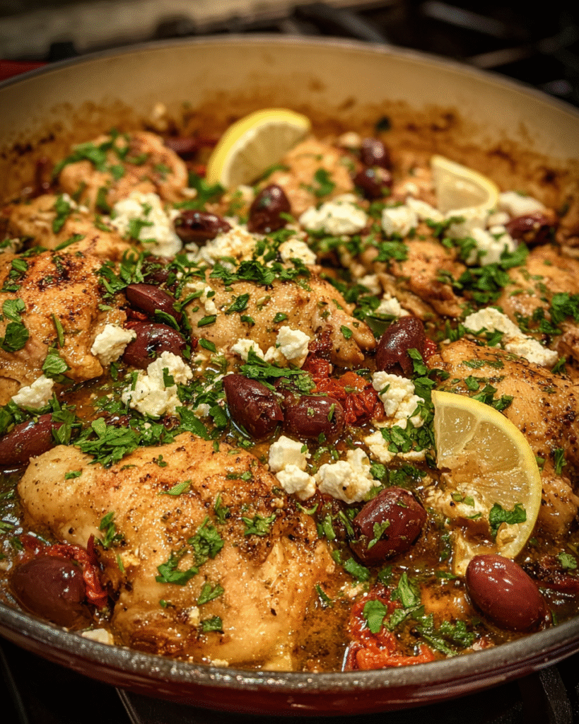 One-pan Mediterranean chicken with olives in skillet