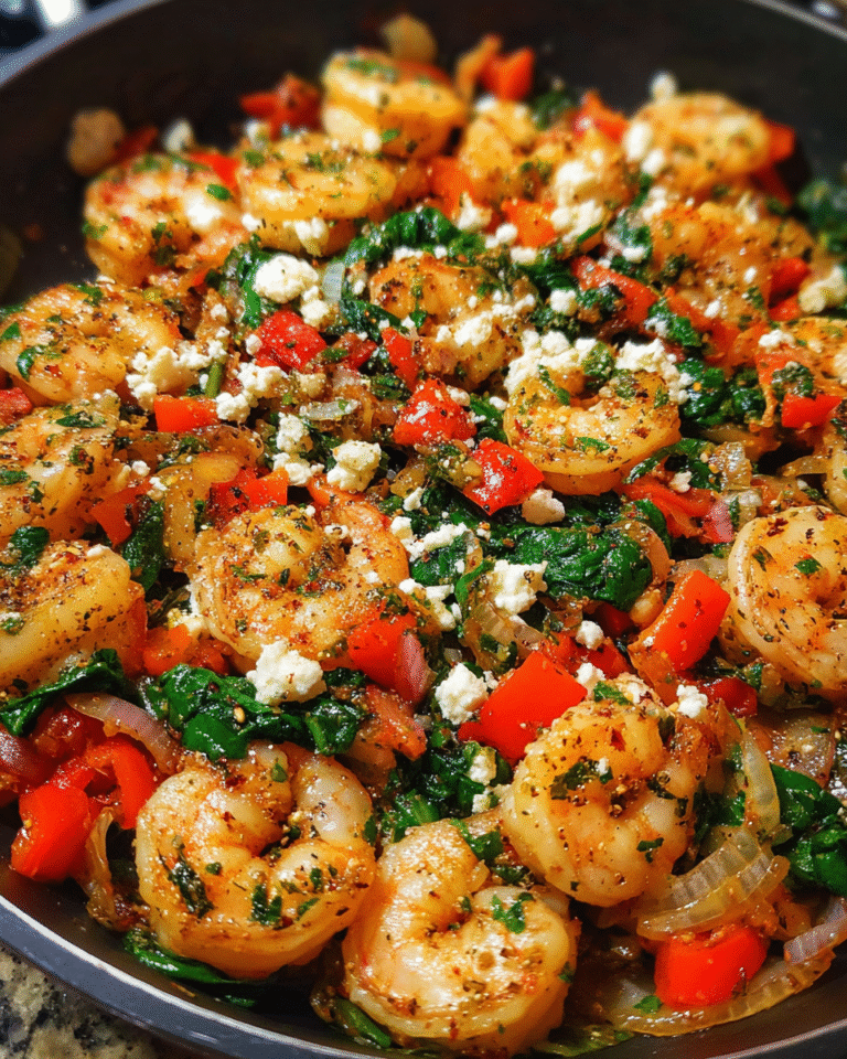 one-pan mediterranean shrimp skillet with spinach and feta