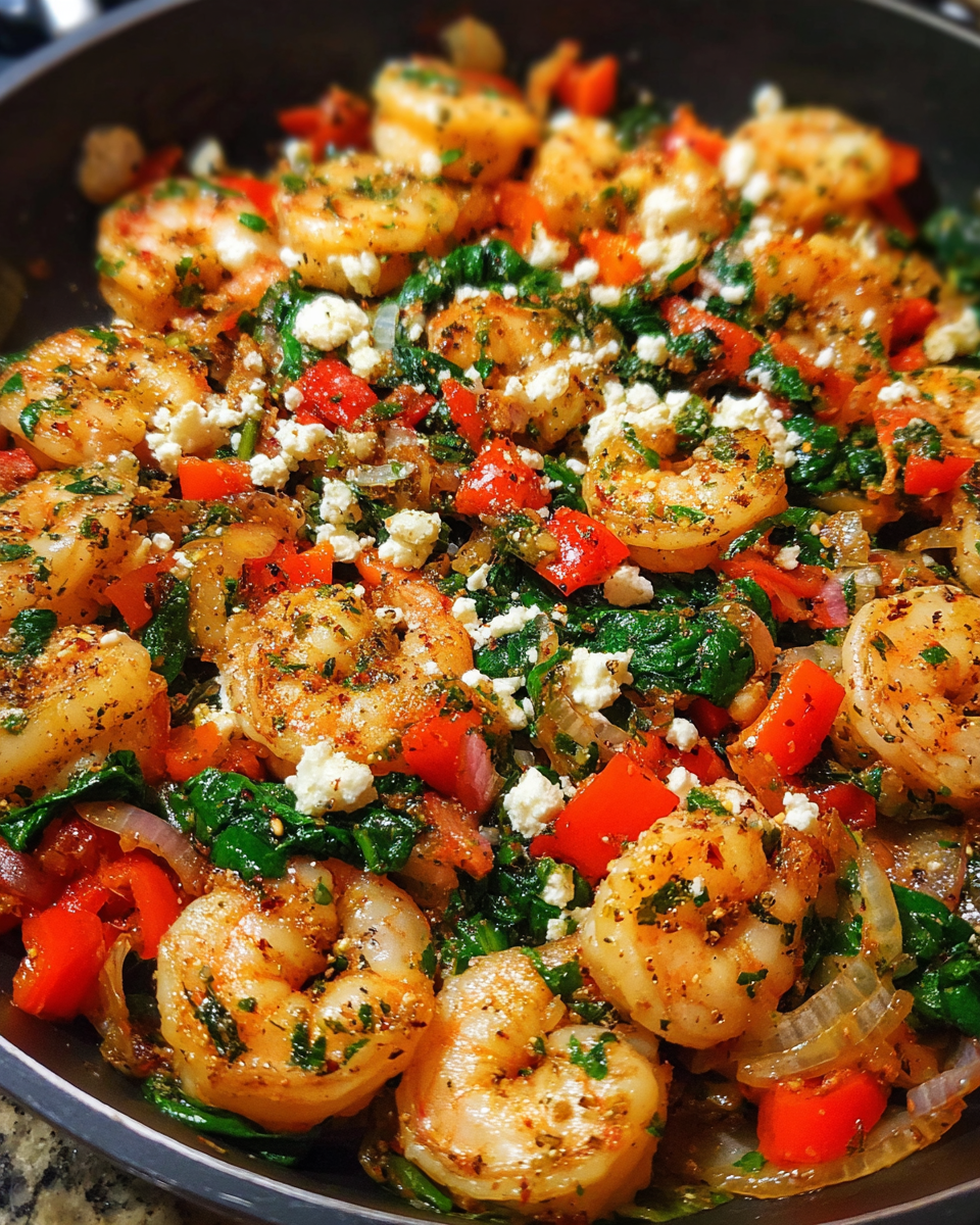 one-pan mediterranean shrimp skillet with spinach and feta
