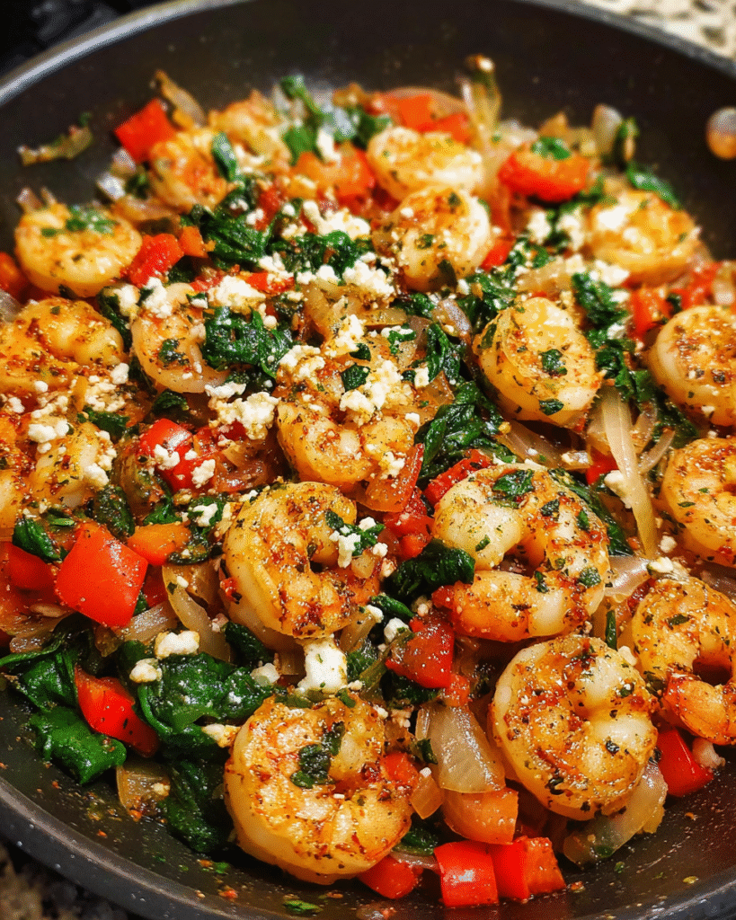 one-pan mediterranean shrimp skillet with spinach and feta