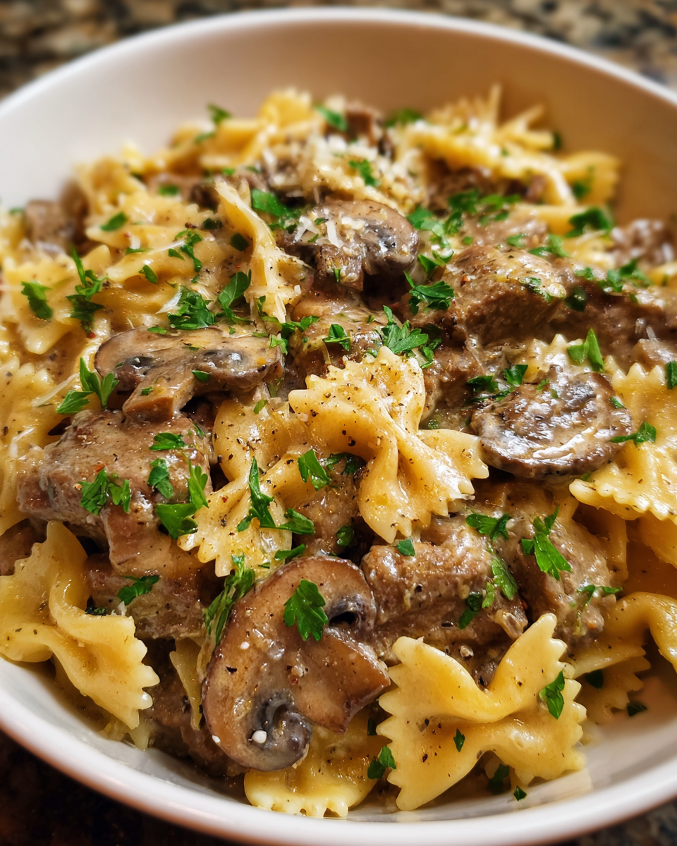 One Pot Beef Stroganoff Pasta served creamy in a skillet