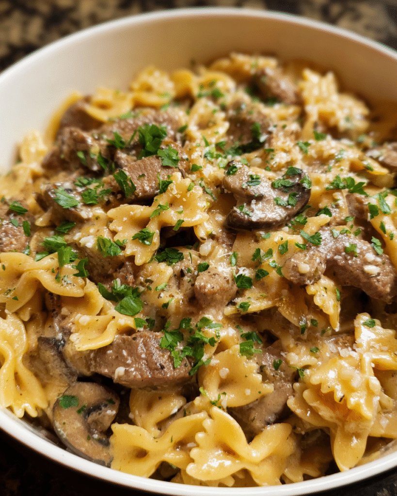 One Pot Beef Stroganoff Pasta served creamy in a skillet