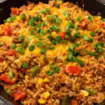 One-Pot Beef Taco Rice cooked in a skillet with cheese and green onions