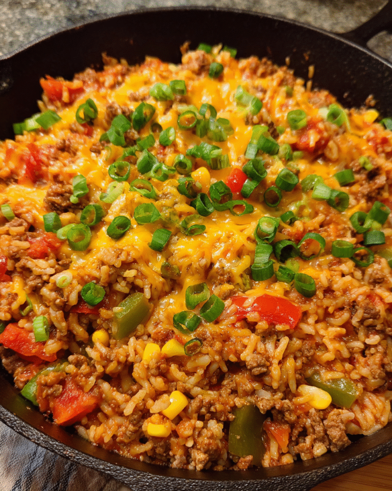 One-Pot Beef Taco Rice cooked in a skillet with cheese and green onions