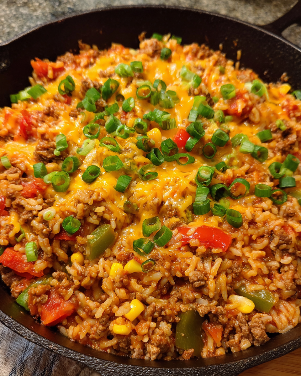 One-Pot Beef Taco Rice cooked in a skillet with cheese and green onions