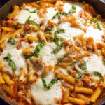 One-pot cheesy baked ziti skillet with melted mozzarella