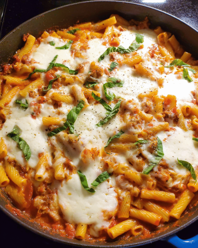 One-pot cheesy baked ziti skillet with melted mozzarella