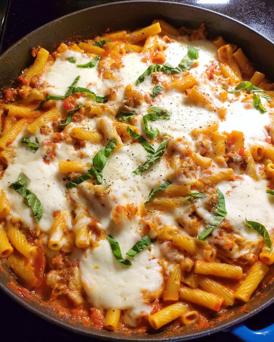 One-pot cheesy baked ziti skillet with melted mozzarella