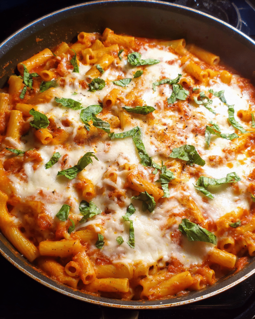 One-pot cheesy baked ziti skillet with melted mozzarella