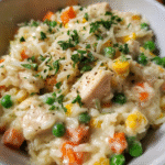 creamy one-pot chicken alfredo rice in skillet
