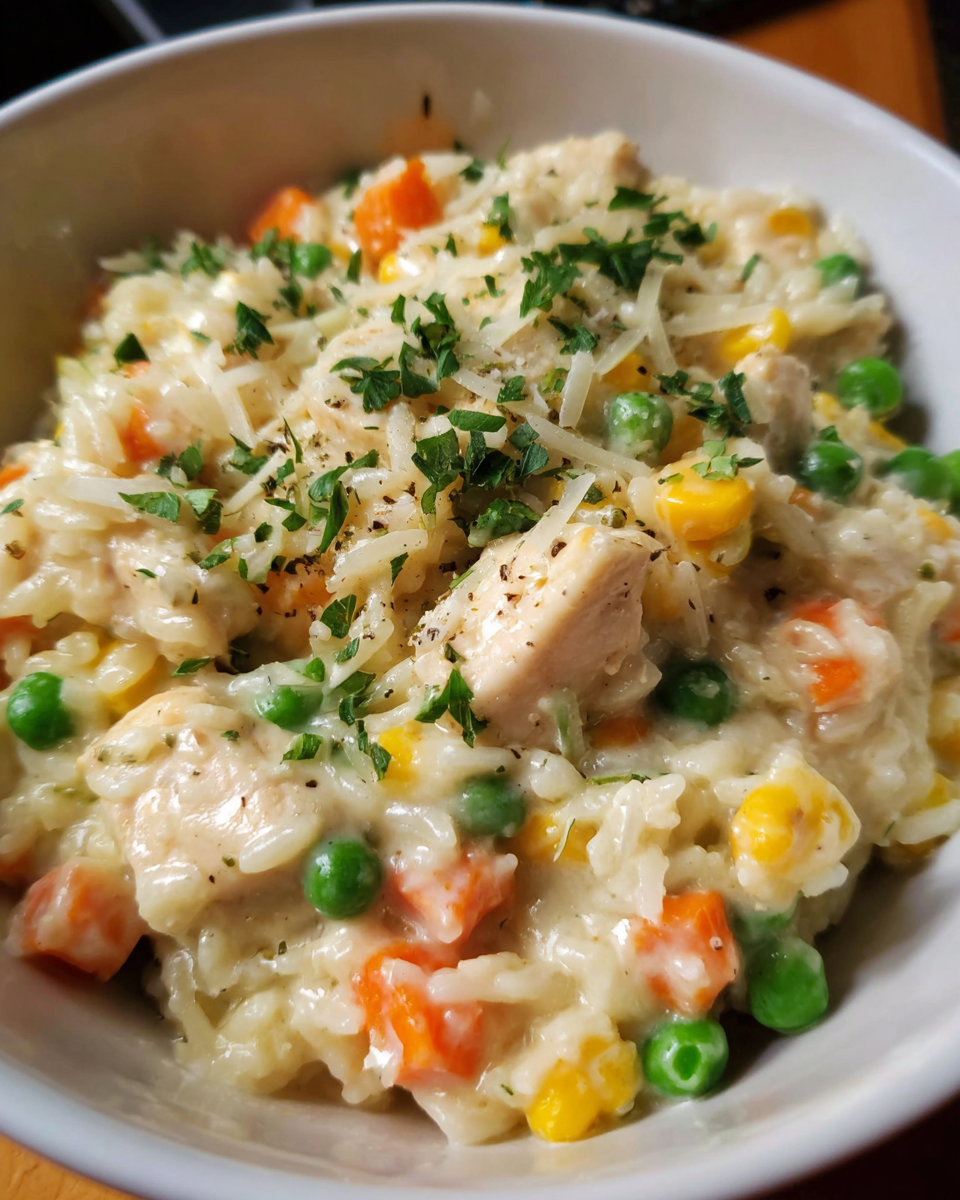 creamy one-pot chicken alfredo rice in skillet