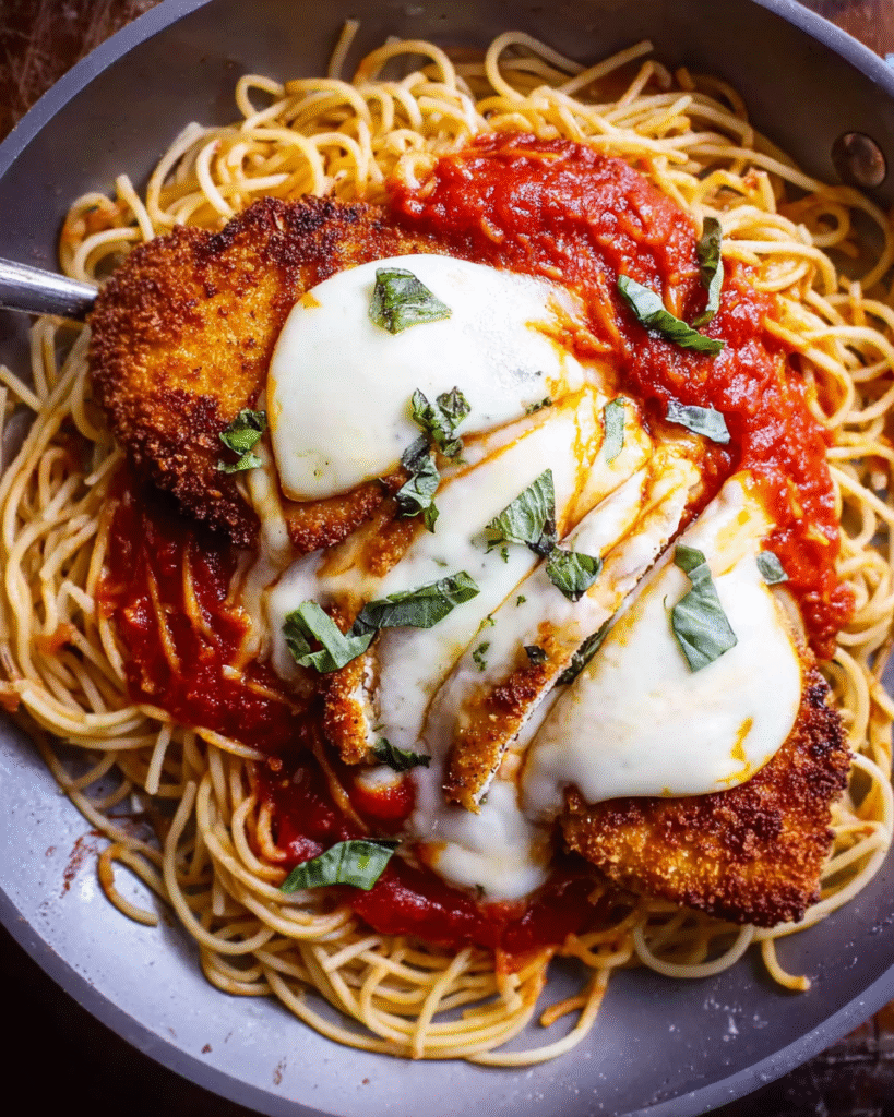 One-pot chicken parmesan skillet with melted mozzarella