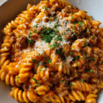 One-Pot Creamy Beef Pasta in a skillet with Parmesan