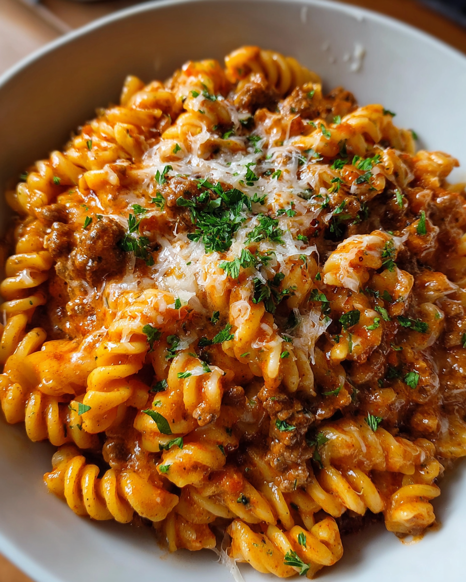One-Pot Creamy Beef Pasta in a skillet with Parmesan