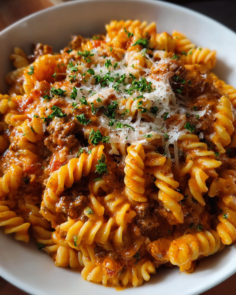 One-Pot Creamy Beef Pasta in a skillet with Parmesan