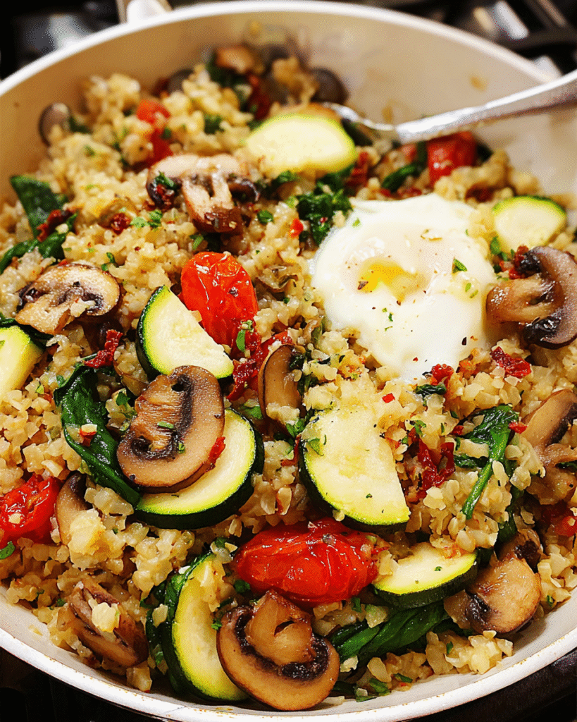 One-pot creamy cauliflower rice skillet in a pan