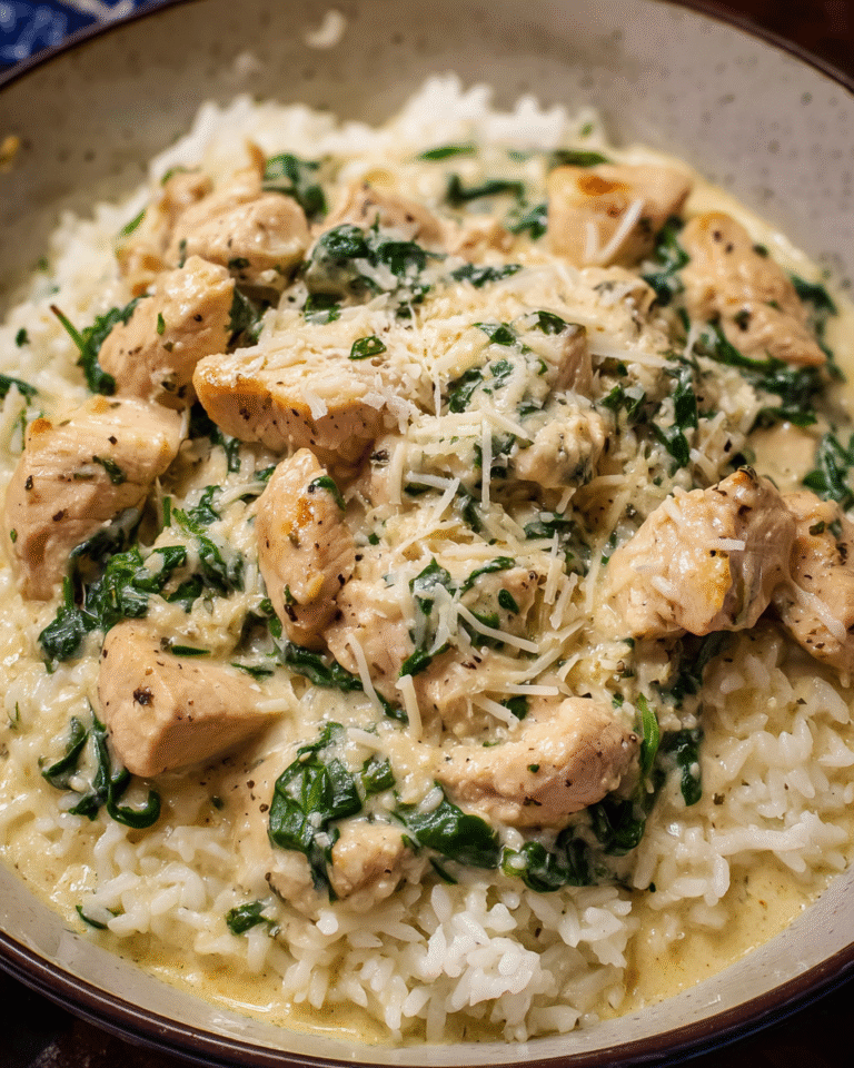 Creamy garlic chicken and rice cooked in one skillet