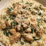 Creamy garlic chicken and rice cooked in one skillet