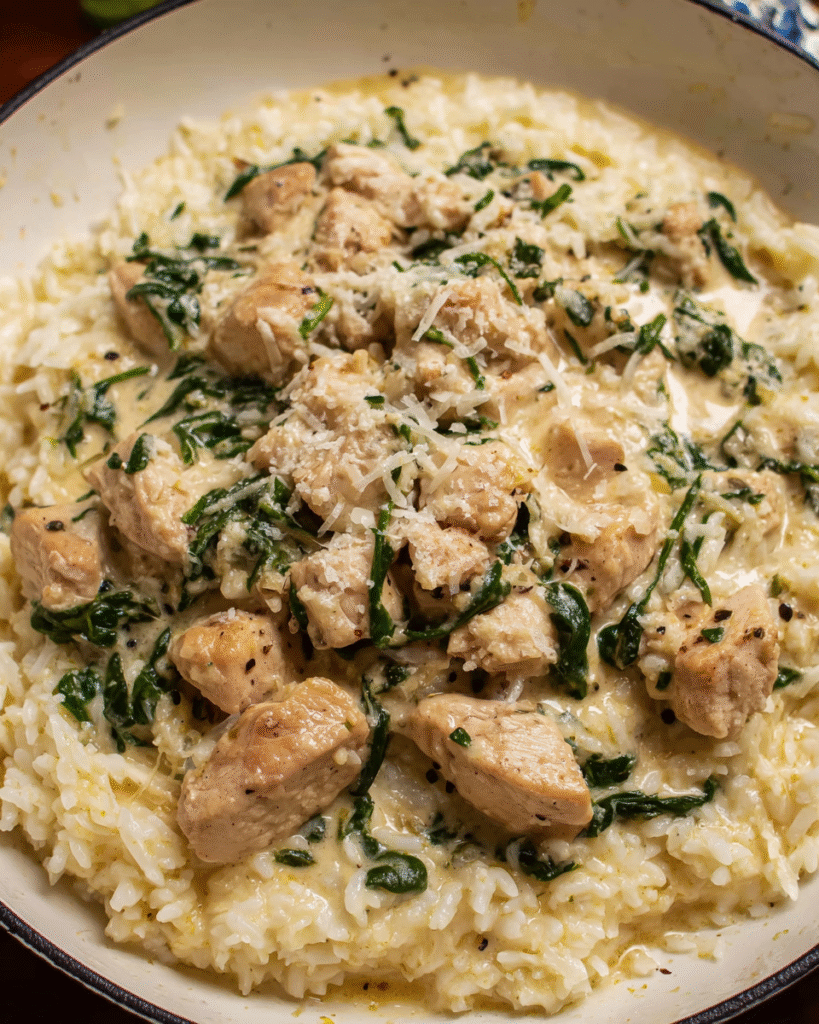 Creamy garlic chicken and rice cooked in one skillet