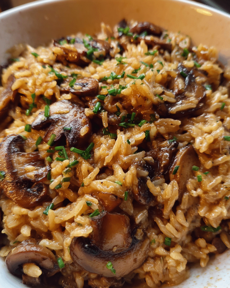 one-pot creamy mushroom and rice cooked in skillet