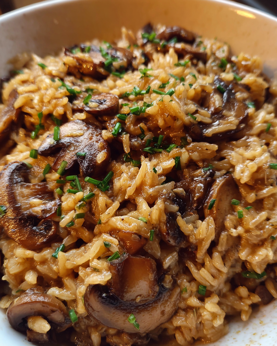 one-pot creamy mushroom and rice cooked in skillet