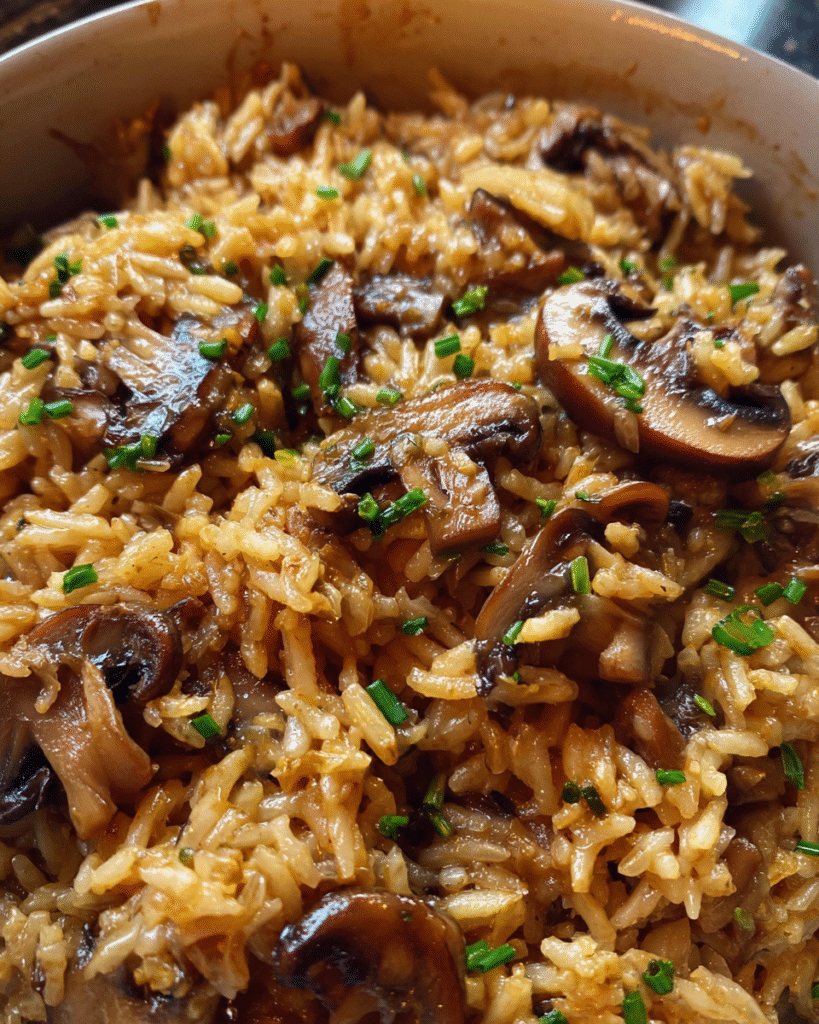 one-pot creamy mushroom and rice cooked in skillet