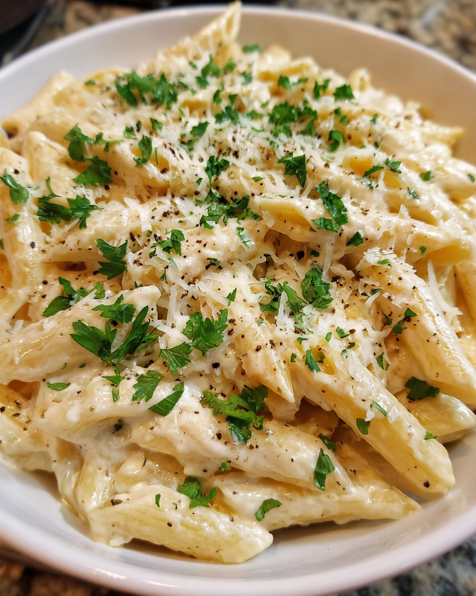 One-pot creamy parmesan pasta in skillet