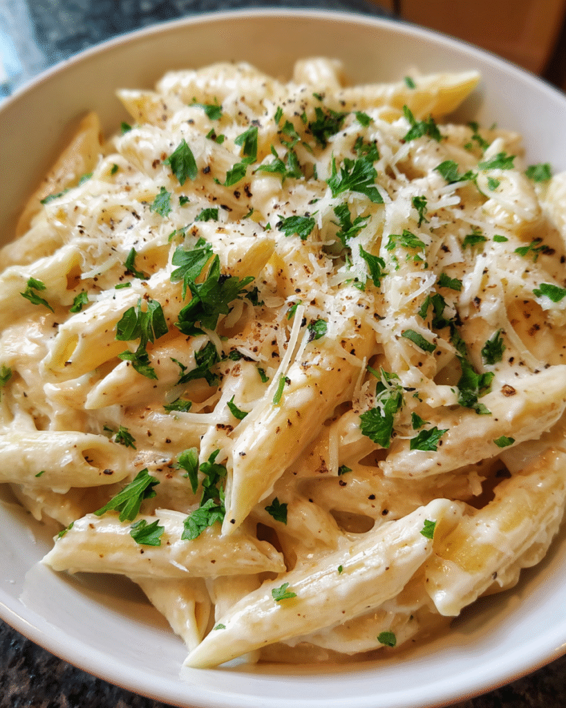 One-pot creamy parmesan pasta in skillet
