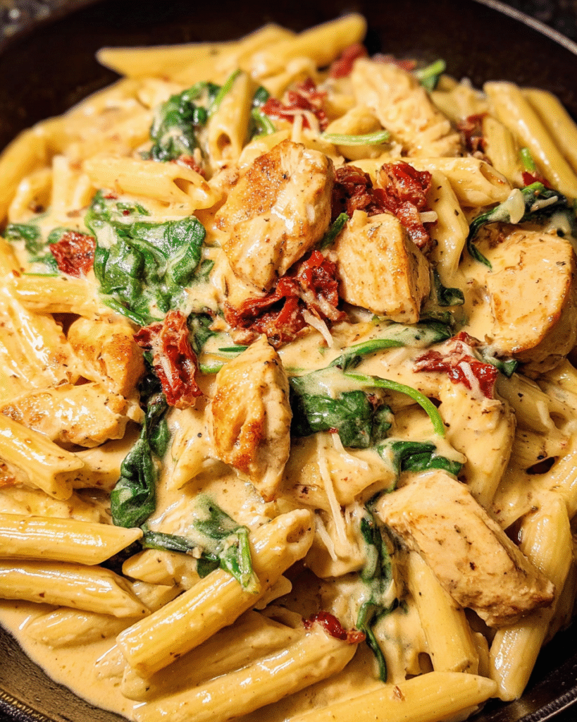 One-pot creamy Tuscan pasta with chicken and spinach