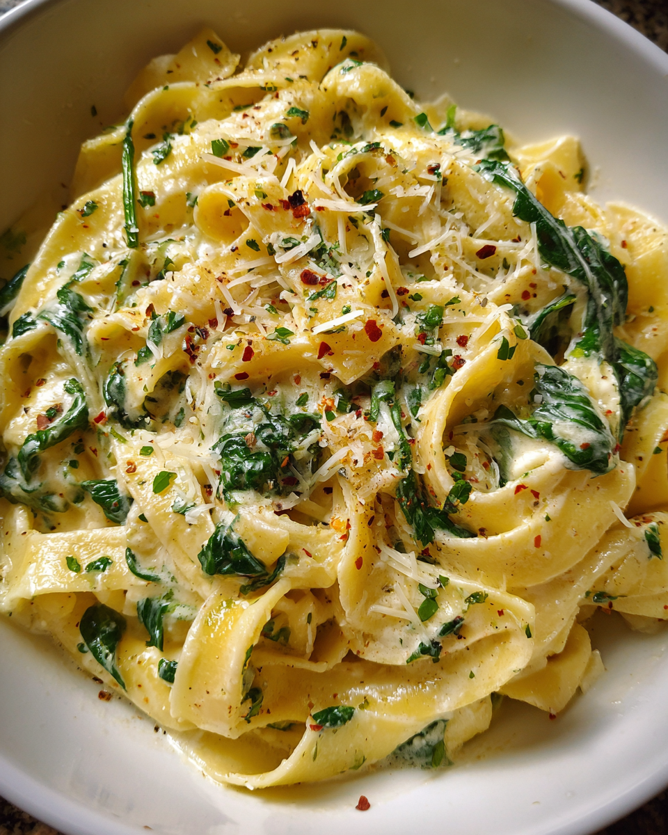 one-pot garlic butter pasta with spinach in skillet