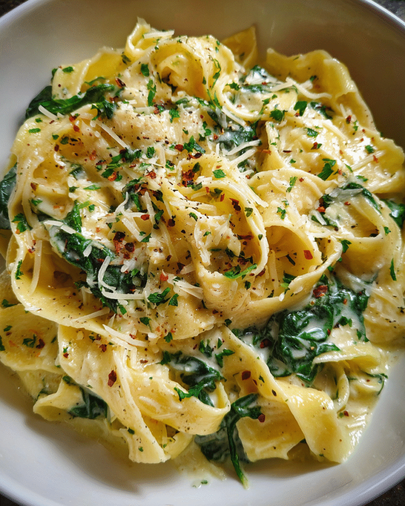 one-pot garlic butter pasta with spinach in skillet