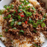 One pot Korean beef and rice cooked in a skillet