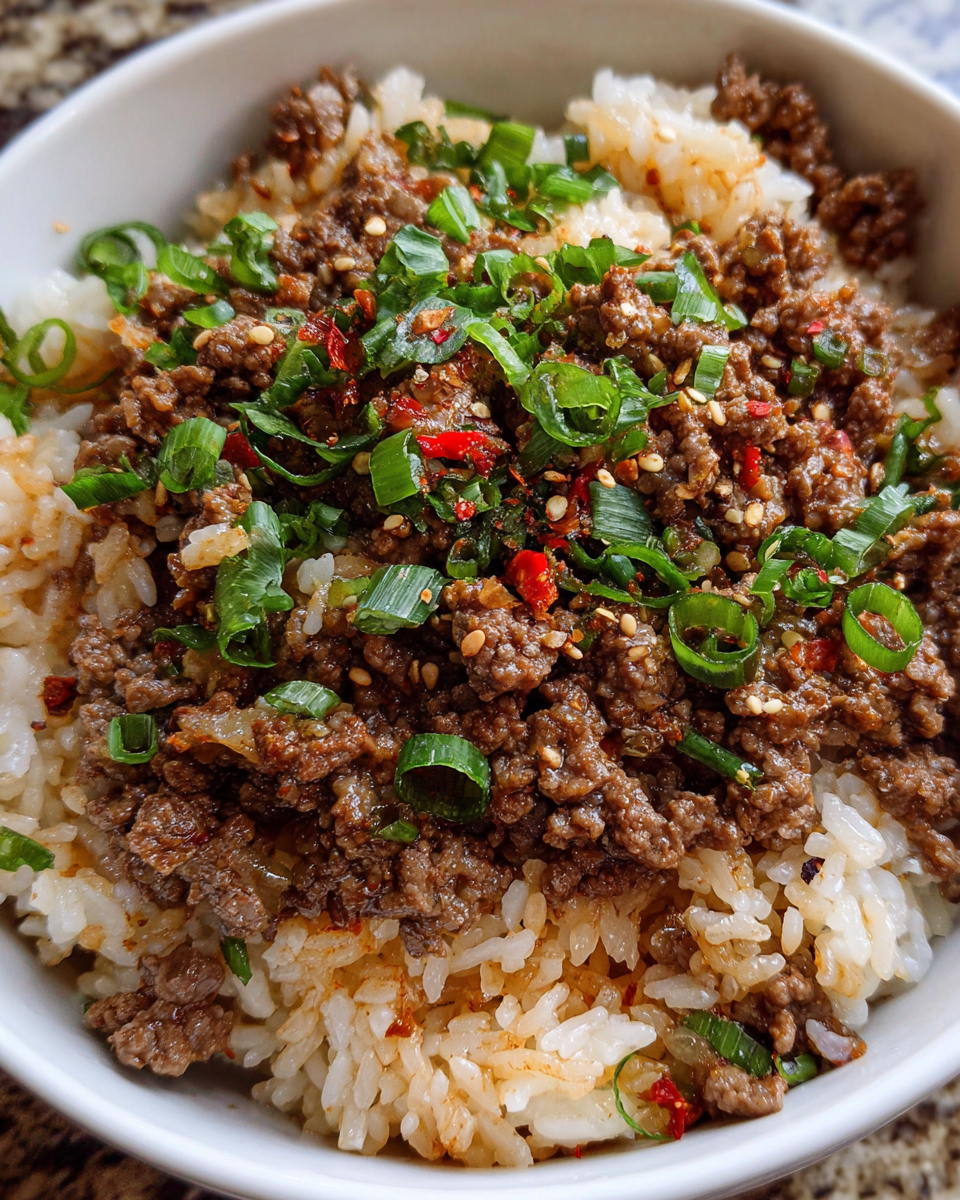 One pot Korean beef and rice cooked in a skillet