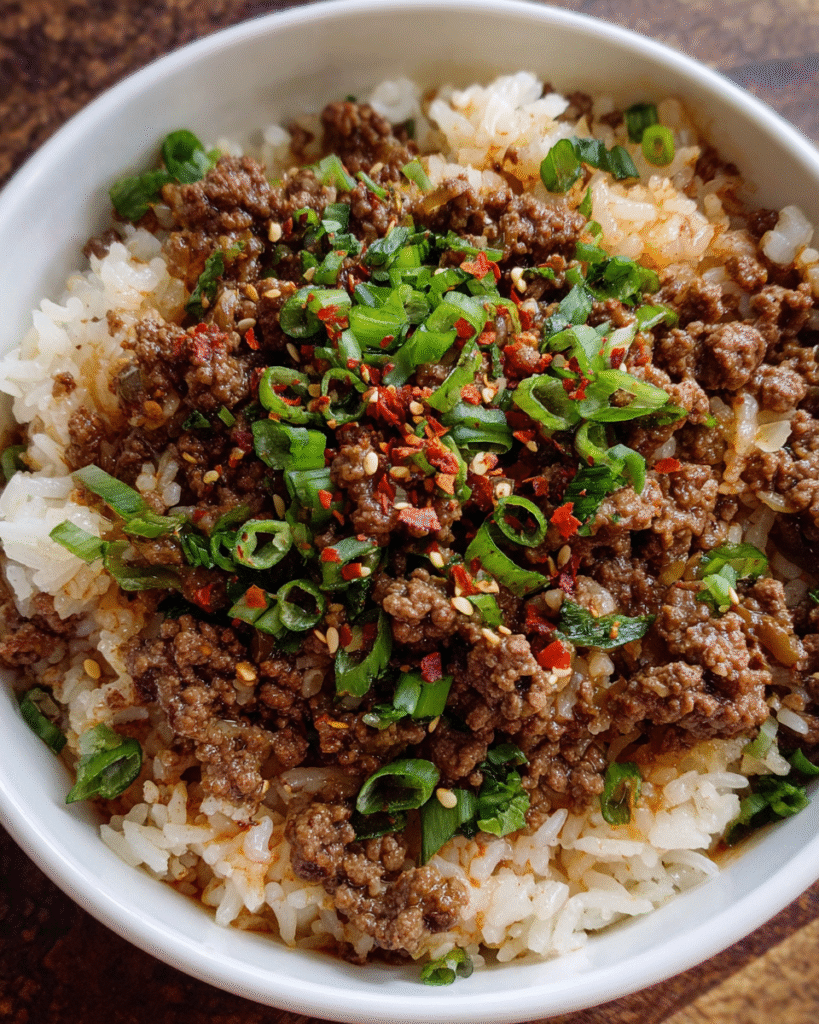 One pot Korean beef and rice cooked in a skillet