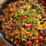 One-pot lentil and rice skillet with cheese and green onions