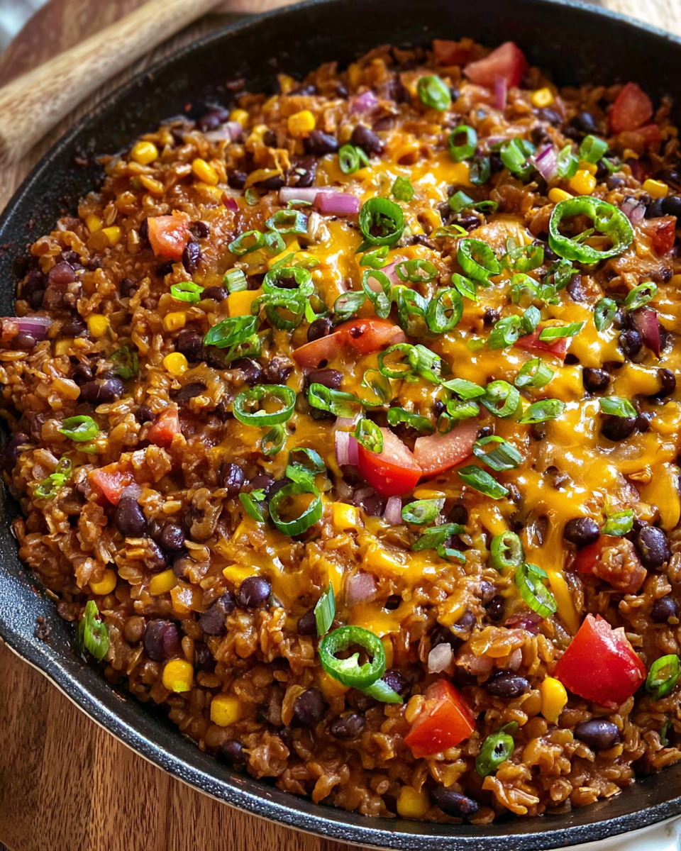 One-pot lentil and rice skillet with cheese and green onions