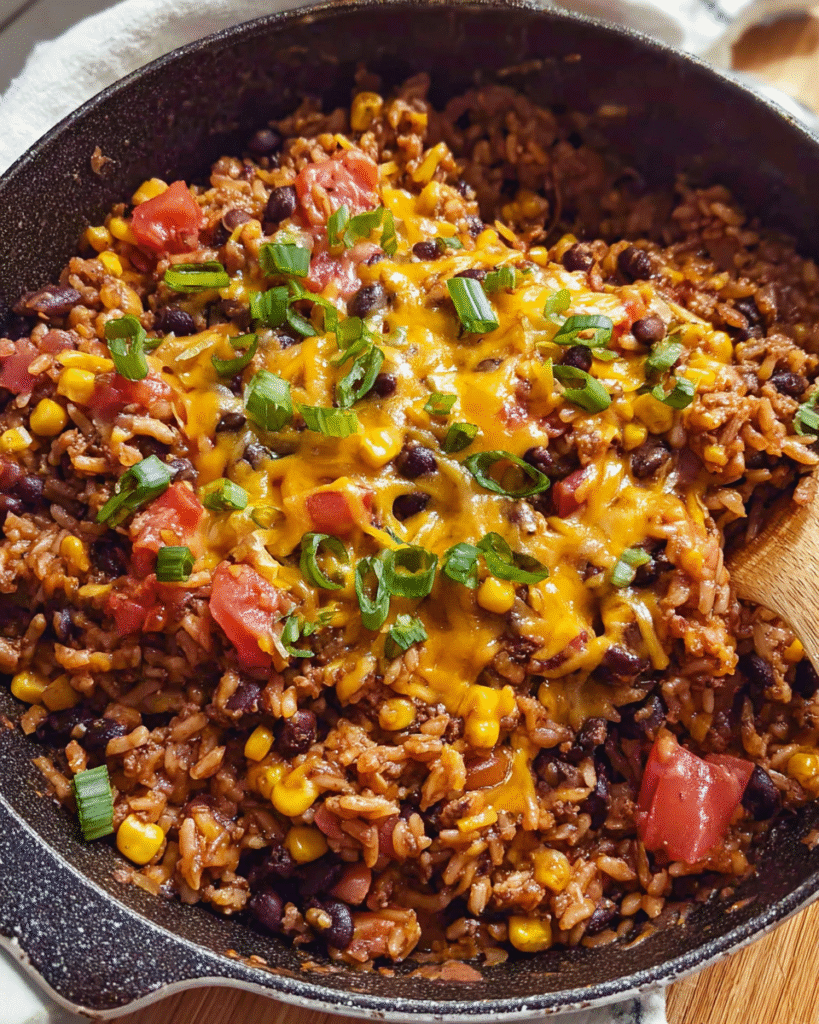 One-pot lentil and rice skillet with cheese and green onions