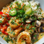 One-pot shrimp and coconut rice served warm