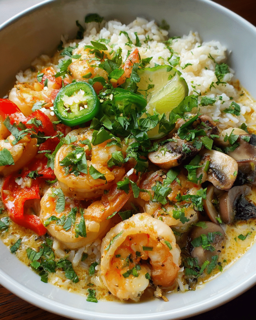 One-pot shrimp and coconut rice served warm