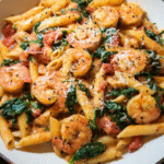 one pot shrimp and spinach creamy pasta in skillet
